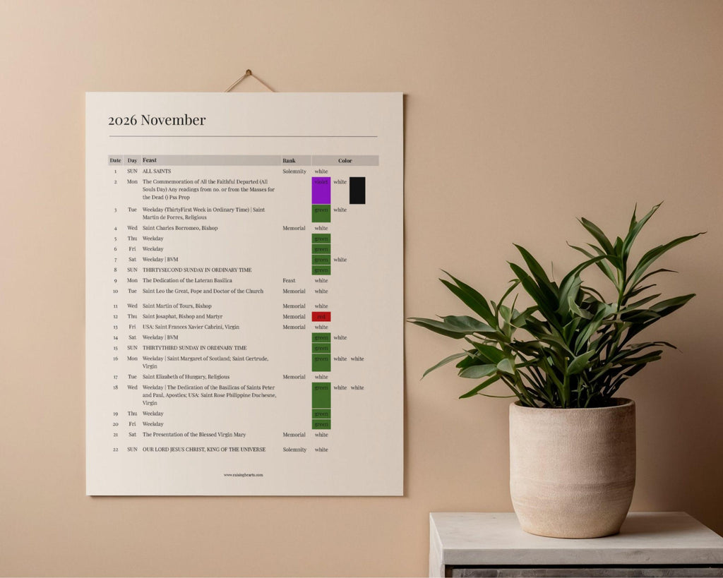 2026 US Catholic Liturgical Calendar PDF: Color Coded Feasts, Ranks, and Liturgical Colors, Printable 8.5x11