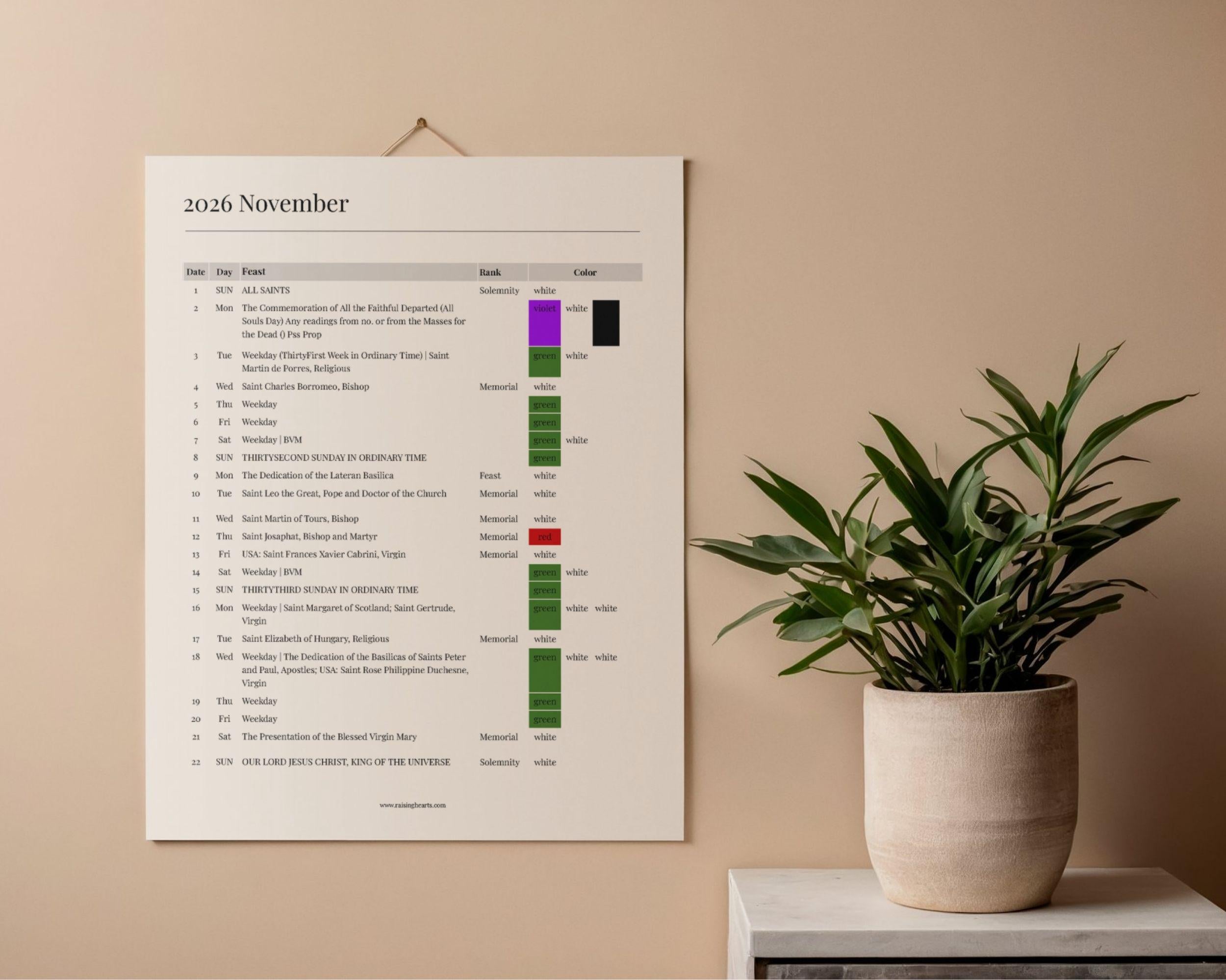 2026 US Catholic Liturgical Calendar PDF: Color Coded Feasts, Ranks, and Liturgical Colors, Printable 8.5x11