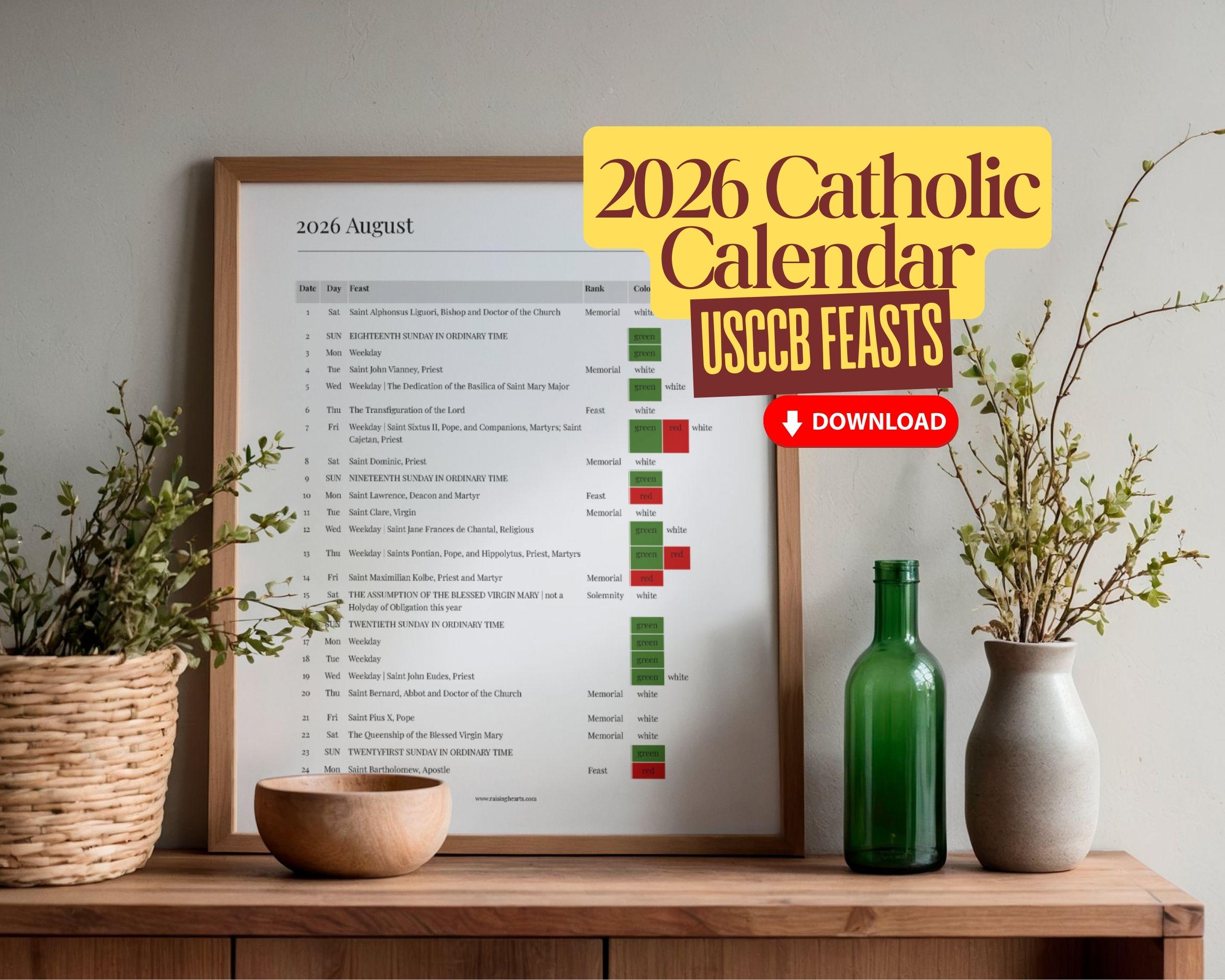 2026 US Catholic Liturgical Calendar PDF: Color Coded Feasts, Ranks, and Liturgical Colors, Printable 8.5x11