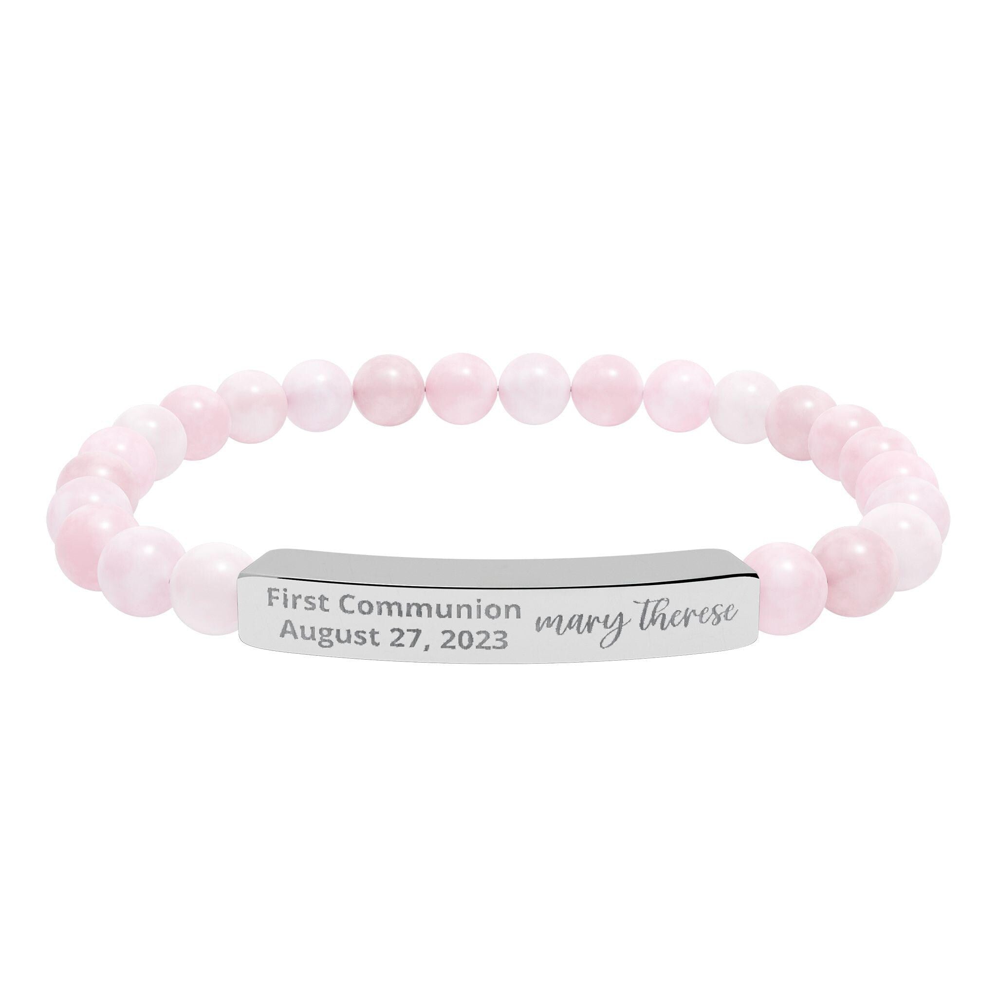 Personalized First Holy Communion Bracelet, Rose Quartz Catholic Jewelry with Engraved Name and Date
