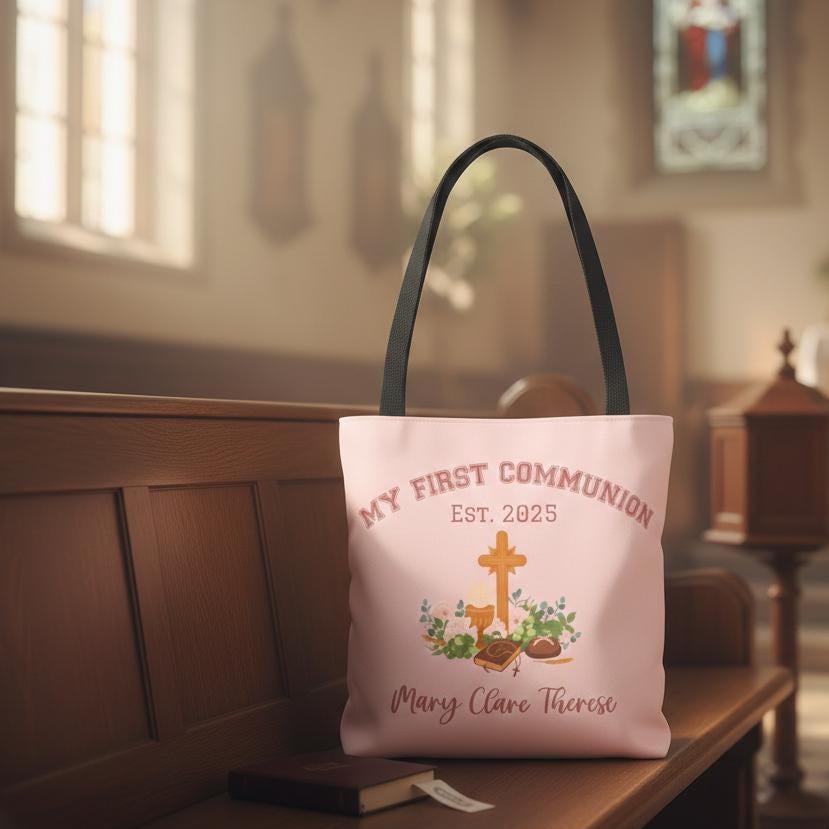 Personalized First Holy Communion Tote Bag, Custom Catholic Gift with Name or Bible Verse