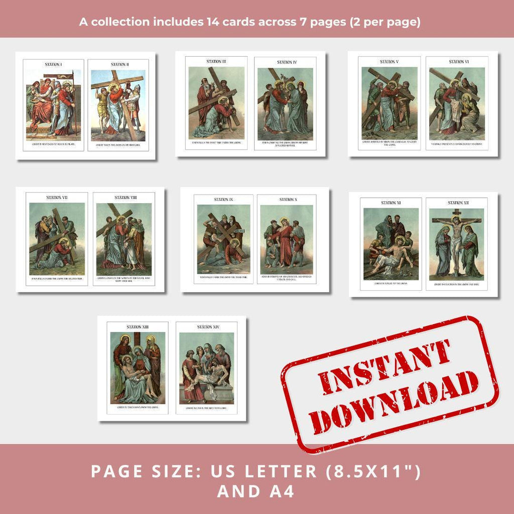 Vintage Stations of the Cross Banner Art, Catholic Lent Decor (Letter, A4 Download)
