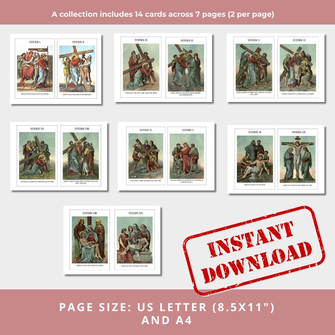 Vintage Stations of the Cross Banner Art, Catholic Lent Decor (Letter, A4 Download)