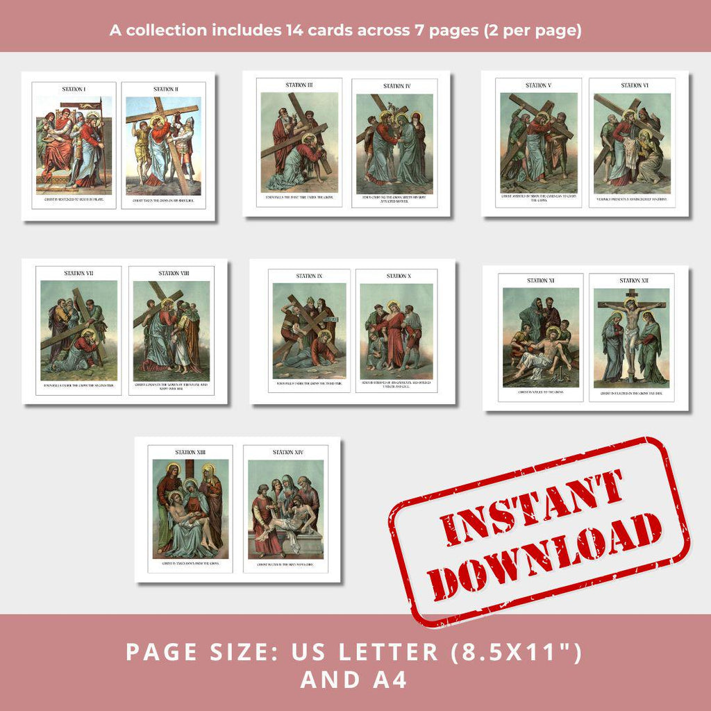 Vintage Stations of the Cross Banner Art, Catholic Lent Decor (Letter, A4 Download)
