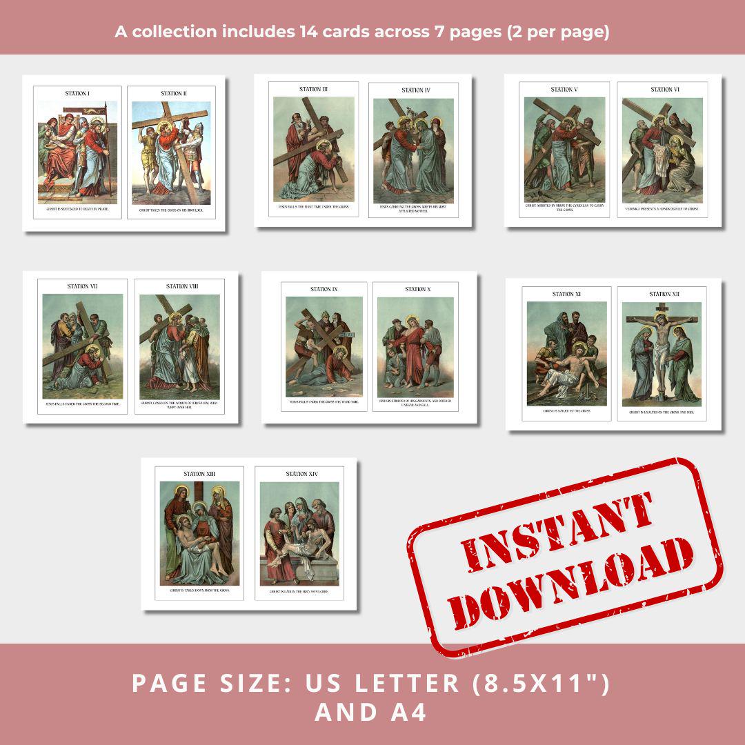 Vintage Stations of the Cross Banner Art, Catholic Lent Decor (Letter, A4 Download)