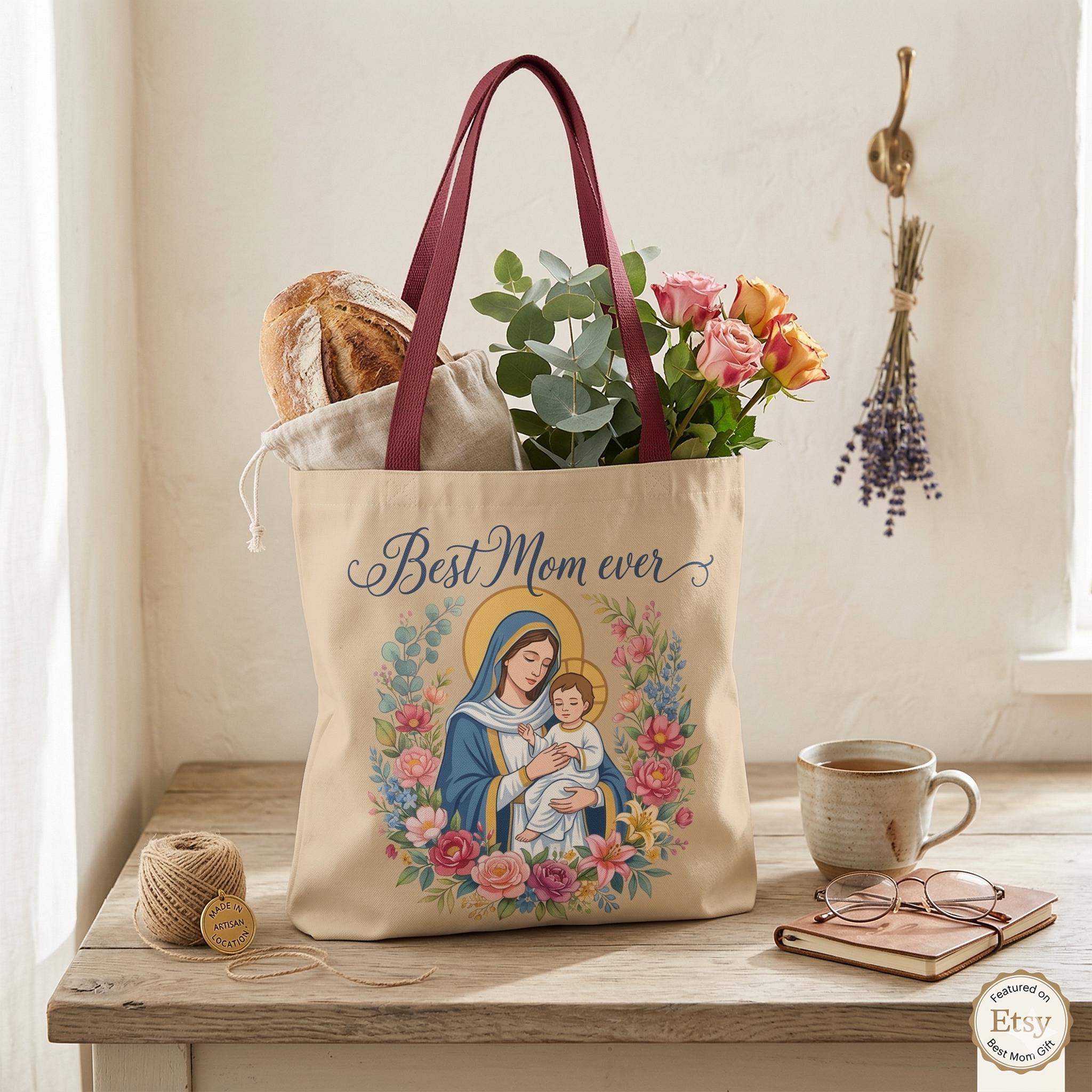 Catholic Madonna and Child Tote Bag, Personalized Mother's Day Gift, Custom Name Church Bag