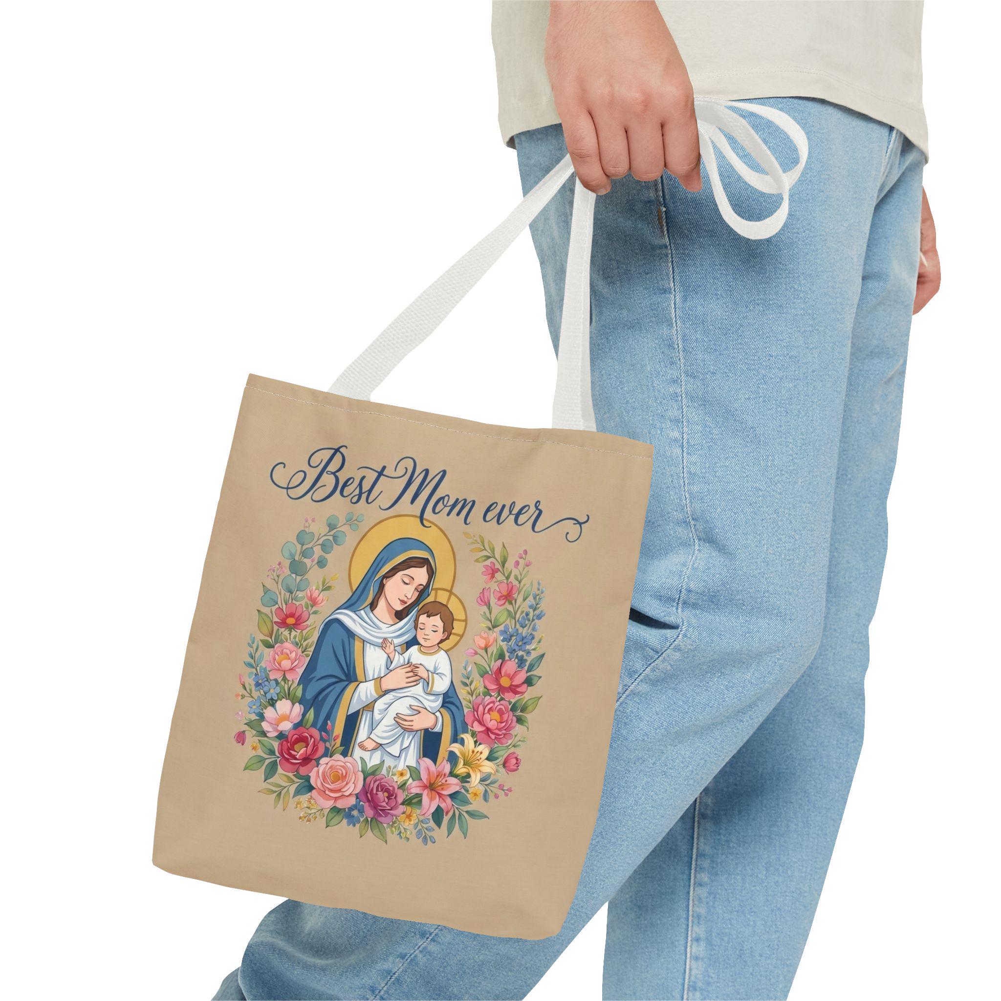 Catholic Madonna and Child Tote Bag, Personalized Mother's Day Gift, Custom Name Church Bag