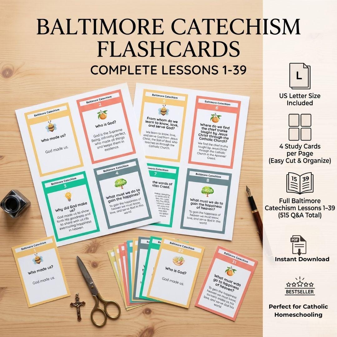 Baltimore Catechism Flashcards, Lessons 1-39, 515 Q&A (Digital Download), Colored Pastel Design