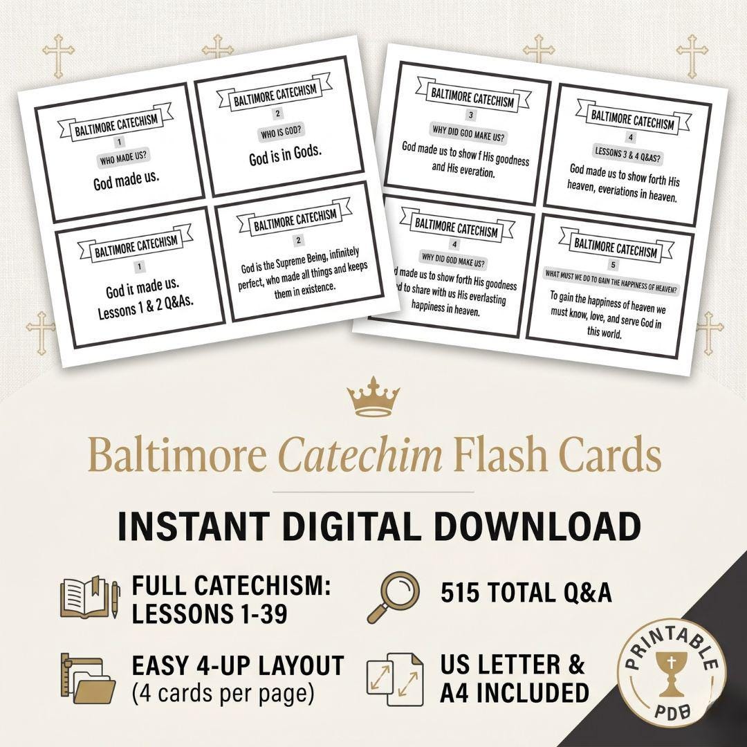 Baltimore Catechism Flash Cards, Printable PDF, Lessons 1–39 | First Communion & Confirmation | Traditional Catholic | Latin Mass Families