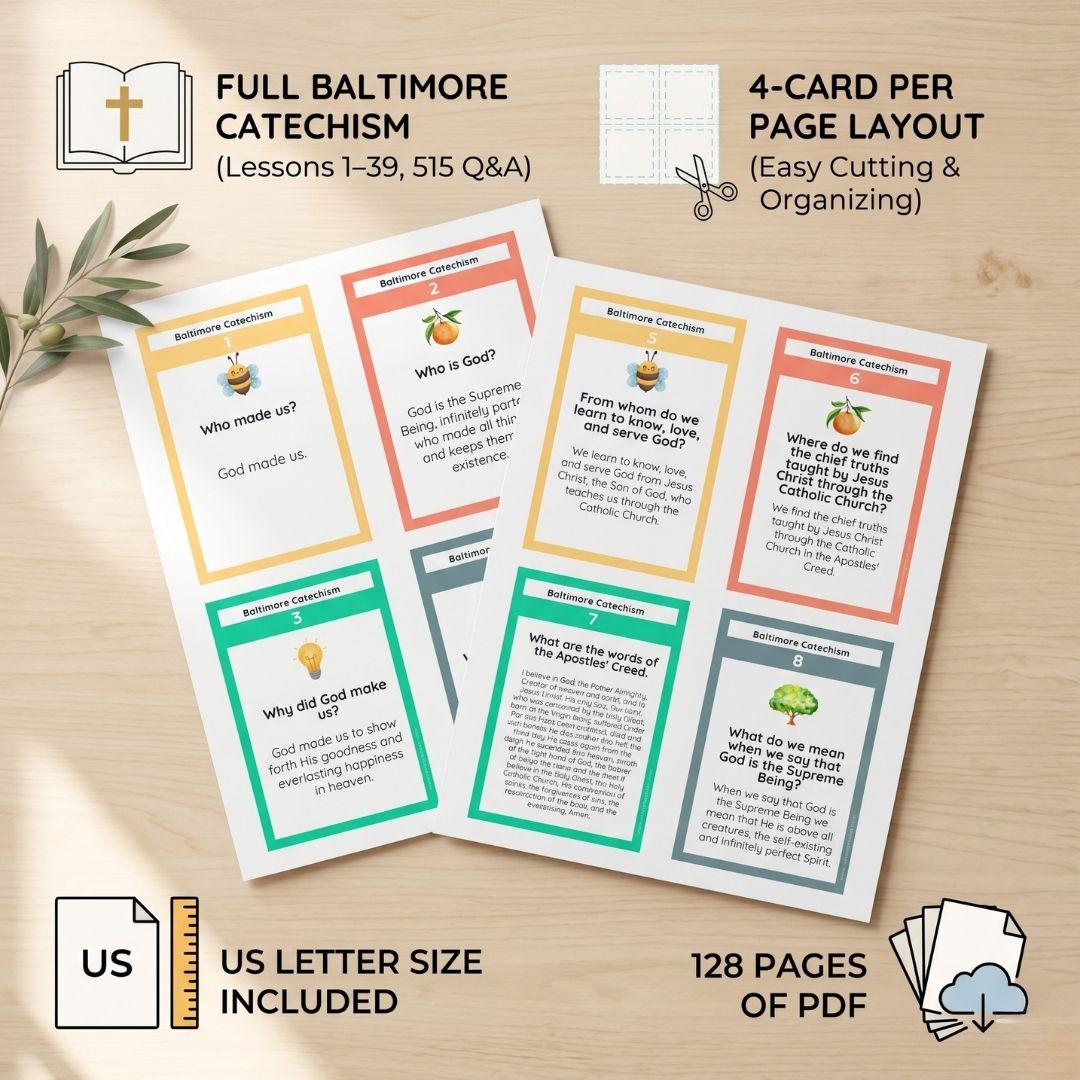 Baltimore Catechism Flashcards, Lessons 1-39, 515 Q&A (Digital Download), Colored Pastel Design