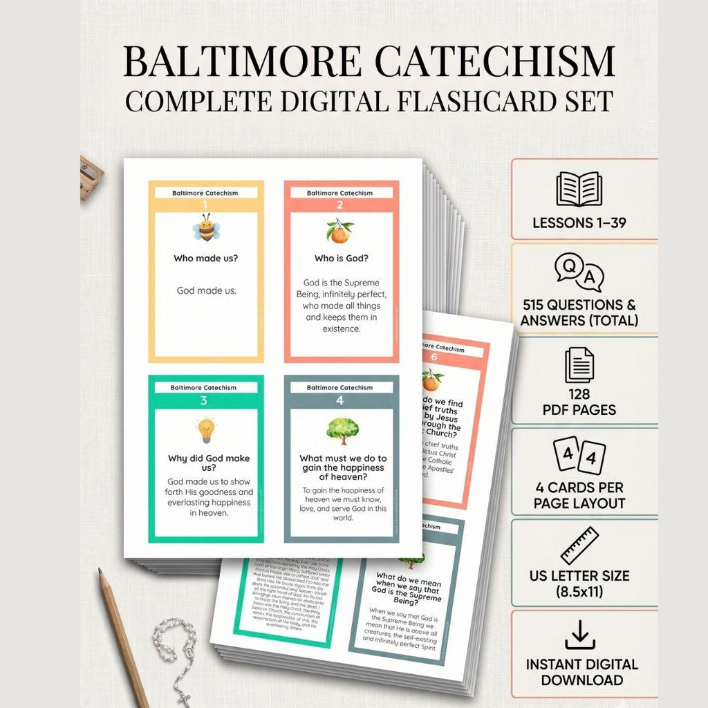 Baltimore Catechism Flashcards, Lessons 1-39, 515 Q&A (Digital Download), Colored Pastel Design