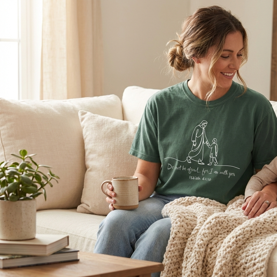 Woman sitting on a couch holding a mug, wearing a green t-shirt with a design and text.