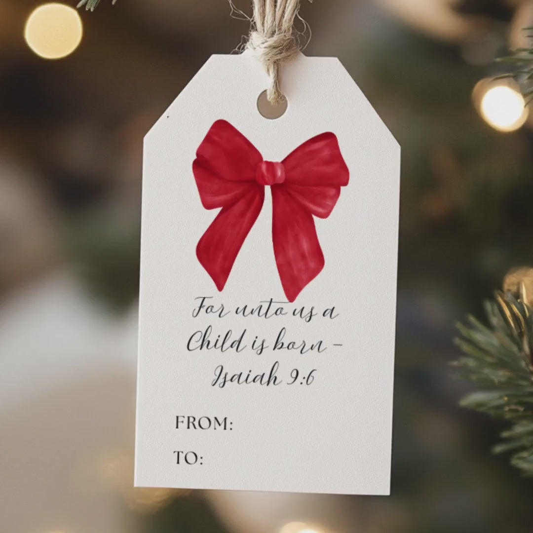 Printable Christmas Gift Tags, Coquette Bows, Bible Verse (Digital Download)