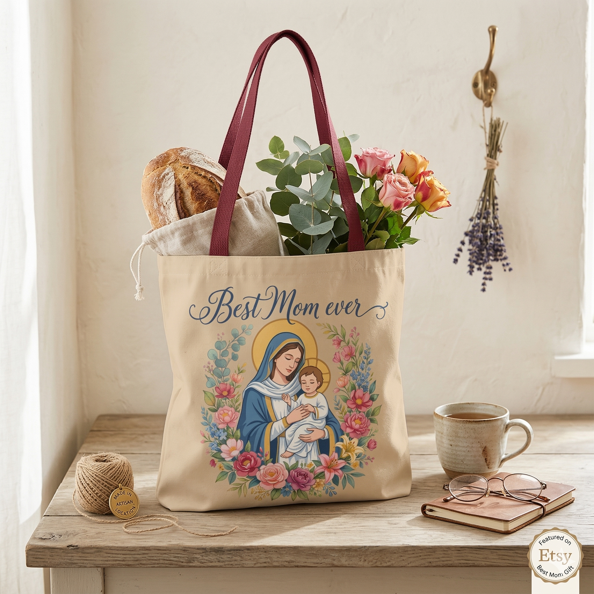 Mother Mary "Best Mom Ever" Floral Tote Bag