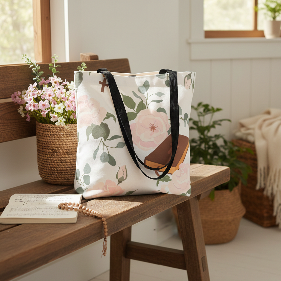 Floral tote bag on a wooden bench with a notebook and flowers in a room.