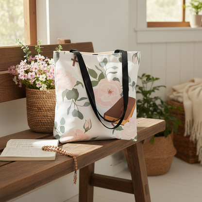 Floral tote bag on a wooden bench with a notebook and flowers in a room.