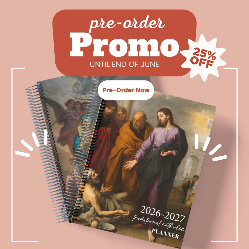 Promotional image of a 2026-2027 planner with religious illustration, pre-order offer text, and planner on a pink background.